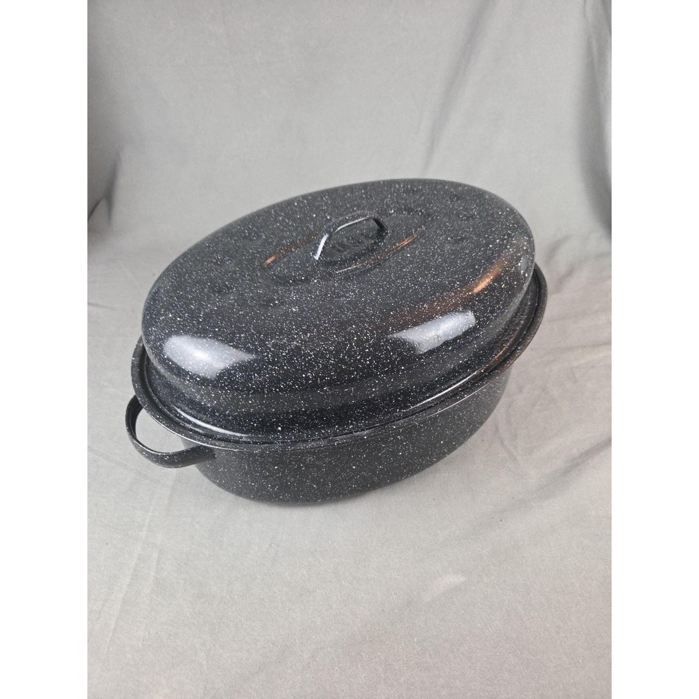 Enamelware Roaster Black Speckled Oval USA Large 16.5"x 12.5" Vintage 1960's